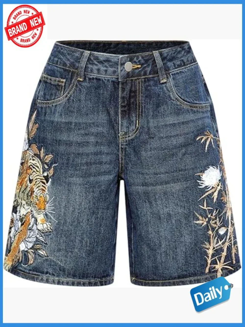 Womens Vintage Graphic Denim Shorts Wide Leg Baggy Bermuda with Pockets